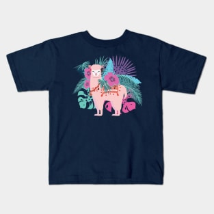 Pink Alpaca with exotic leaves and flowers Kids T-Shirt